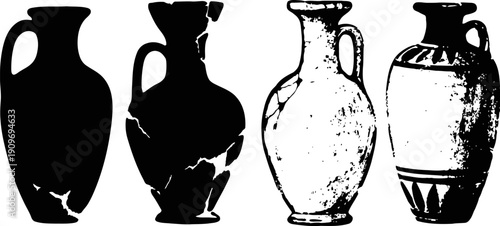 Ancient broken pottery silhouettes vintage cracked ceramic jars and vases with handles