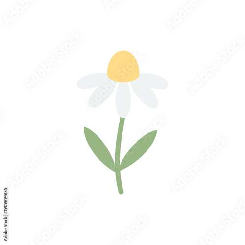 Minimal Flat Vector of Chamomile Flower with Soft Pastel Yellow Center and Green Leaves on White Background