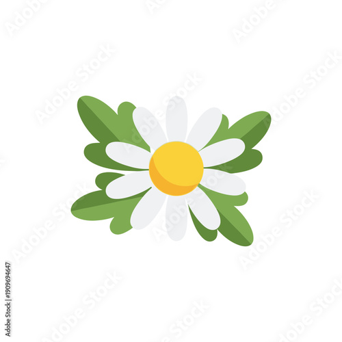 Flat Vector of Chamomile Flower with Soft Yellow and Orange Center and Green Leaves on White Background