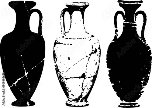 Three antique vases silhouette set with detailed shapes and cracked texture on white background