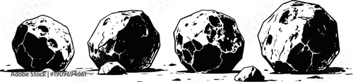 Black and white illustration of four textured boulders with shadows on white background