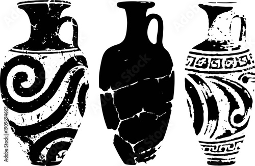 ancient greek amphora vases set with decorative spiral and geometric patterns, black silhouette illustration