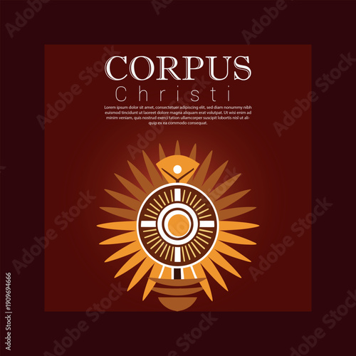 Corpus christi religious emblem with a radiant monstrance design in warm orange and brown hues.