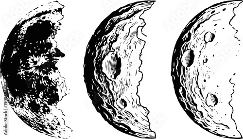 three detailed half moon illustrations showing cratered lunar surface textures in vintage engraving