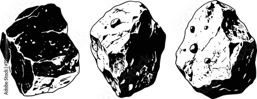 Three rough mineral stones isolated on white background, natural raw rock specimens collection