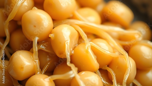 natto. Extreme close-up of fermented soybeans with glossy, stringy mucus coating. menu design, packaging mockups, designed for culinary blogs and recipe cards for restaurants.
