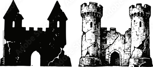 Old medieval castles black silhouettes with towers and arched entrance gates