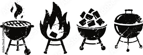 Black silhouette icons of charcoal barbecue grill with cooking food, fire flame, charcoal briquettes, and closed lid