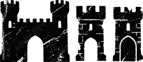 Medieval black castle towers and gate silhouette set ancient fortress architecture, stronghold and defense symbols