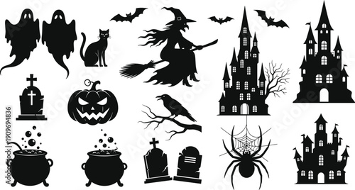 Halloween silhouette collection, witch, ghost, haunted house, pumpkin, bat, spider and graveyard vector set isolated on white background for spooky design