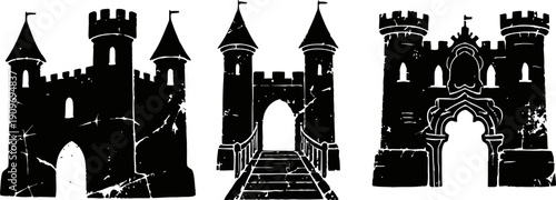 Medieval castle silhouettes with towers and archways in black vintage design