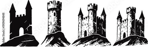 medieval castle towers on hills silhouette set with different turret shapes and battlements
