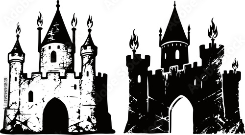 Two vintage medieval castle silhouettes with towers and flaming battlements