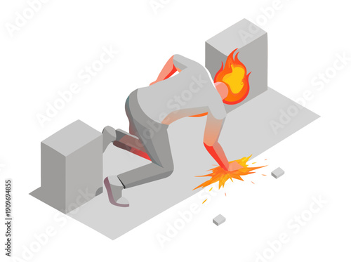 3D illustration of crouching character made out of concrete and flowing fire energy .vector icon

