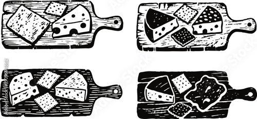 Assorted cheese slices on wooden serving boards, variety of dairy cheese pieces black and white illustration
