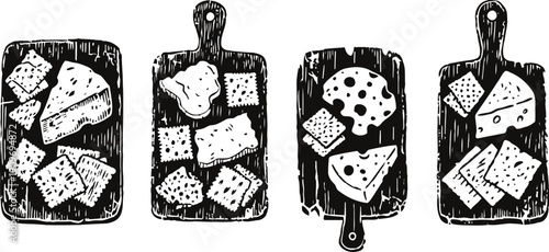 Hand drawn cheese variety on wooden cutting boards with crackers, slices, and wedges illustration set