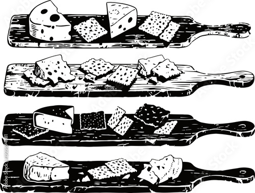 Cheese and crackers set on wooden boards, assorted cheese wedges and square crackers variety on long serving trays