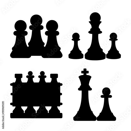Collection of classic chess piece silhouettes in black and white minimalist design