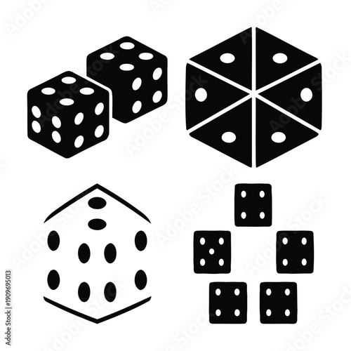 Collection of game dice and geometric shapes with dots in a black and white vector icon set