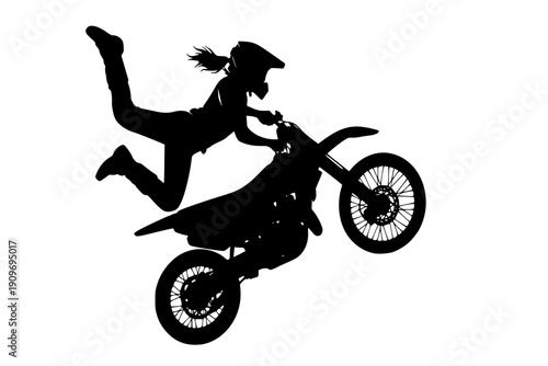 Female Motocross Rider Freestyle Jump Mid Air Silhouette Vector for Action Sports and Extreme Stunts Illustration