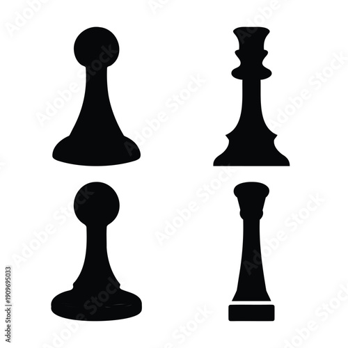 Classic black chess pieces silhouettes including pawn, king, and rook on a white background