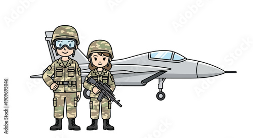 Cartoon illustration of two soldiers with a fighter jet in the background