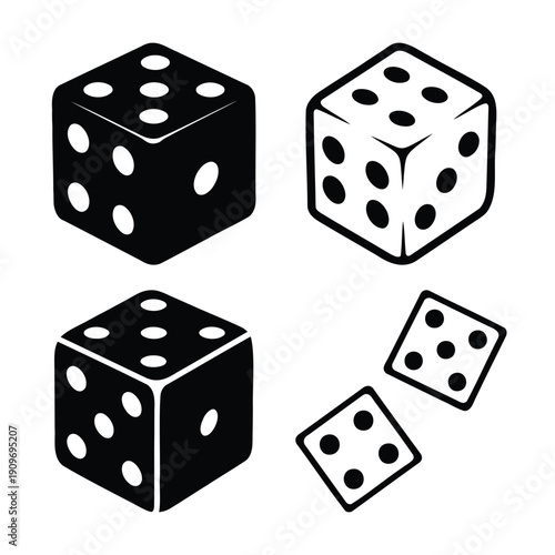 A collection of black and white dice illustrations perfect for gaming and casino themes