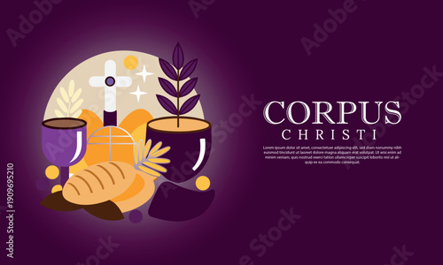 Corpus christi celebration with religious symbols including a cross, bread, wine, and plants, set against a dark purple background
