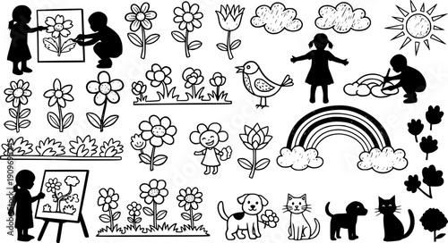 Kids drawing. Doodle simple child illustration. Hand drawn children pencil elements. Sketch chalk flower, sun, cloud, rainbow, animals. Naive crayon print. Vector set 