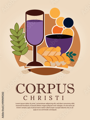 A vibrant illustration celebrating corpus christi with symbolic elements like wine, bread, and olive branches