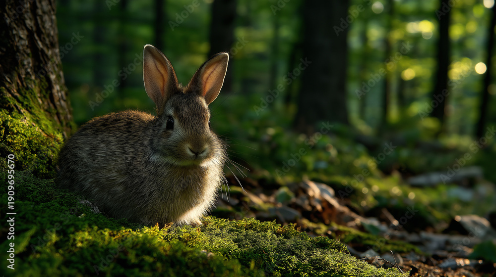 Fototapeta premium A little bunny in a spring forest.