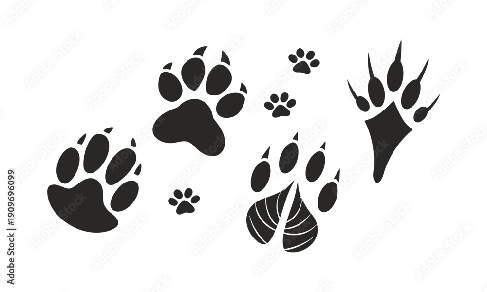 Fototapeta premium Bold animal footprint silhouette vector set for logo and print collection set illustration, easily editable.