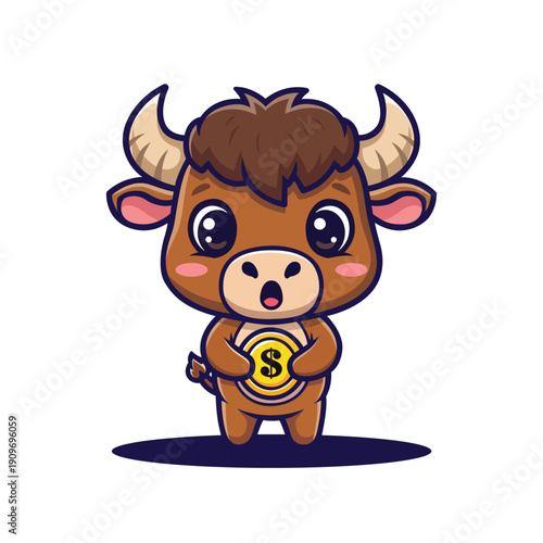 Cartoon Adorable Bull Holding Dollar Coin Character Design Illustration