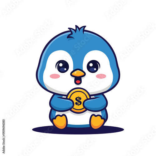 Cute Cartoon Little Penguin Holding Golden Coin Illustration Mascot Character
