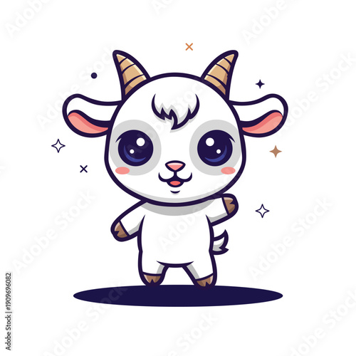 Cute Cartoon Smiling White Goat with Horns Mascot Illustration