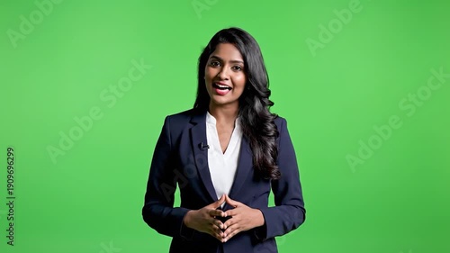 A woman in a business suit speaks with hands raised against a green screen backdrop