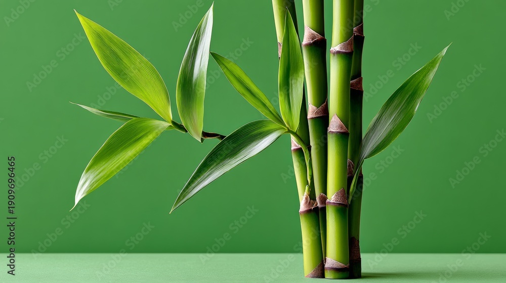 Fototapeta premium Three slender bamboo shoots with vibrant green leaves arranged on the left side of an emerald background, showcasing their upright growth and lush branches extending upwards