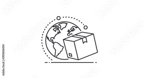 Global shipping concept with a package and earth a flat silhouette