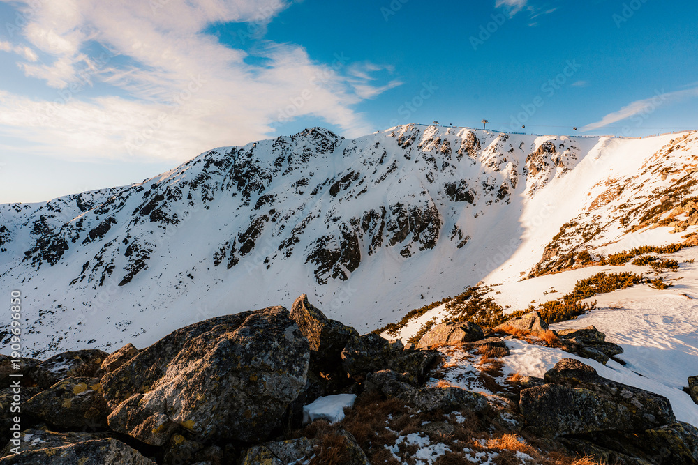 Obraz premium Winter hiking to Chopok in Low Tatras National park in Liptov in jasna ski resort is full of beautiful views. Slovakia mountains landscape