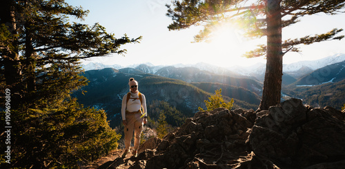 Winter snow hiking near city of Zakopane with view of poland Tatra mountains from Nosal peak in Poland