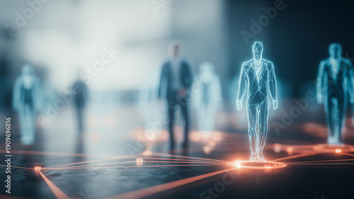 Digital human network visualization highlighting data driven leadership and decision making.
