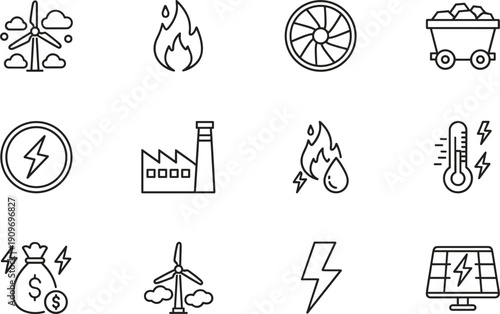 Energy and power line icons set with electricity coal fire factory solar and renewable symbols