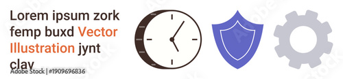 Time management, cybersecurity, technical tools, digital protection, process optimization, and workflow. Clock, shield and gear icons in vector format. Time management and cybersecurity visual