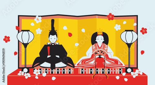 Elegant Hinamatsuri Dolls Emperor and Empress on a Red Tiered Platform Golden Screen Lanterns and Blooming Cherry Blossoms