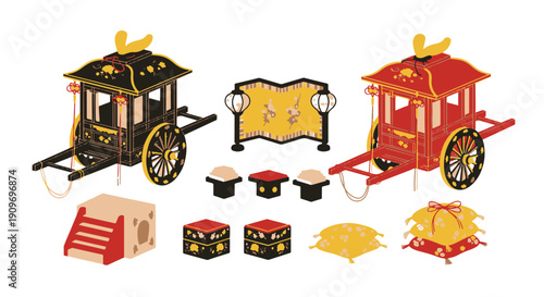 Traditional Japanese Hinamatsuri Display Featuring Ornamental Palace Carts an Ornate Folding Screen and Decorative Cushions