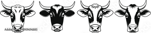 Vector illustration of cow heads in black-and-white stylized design symbolizing livestock, agriculture, farm animals, and educational identification