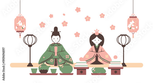 Traditional Japanese Hina Dolls an Emperor and Empress Adorned in Kimonos with Tea Offerings and Lanterns Celebrating the Spring Festival