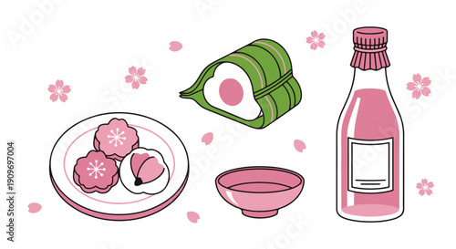 Japanese Traditional Hanami Picnic Items Featuring Pink Sake Bottle Drinking Cup Delicate Cherry Blossom Mochi and Wrapped Sweet on Black