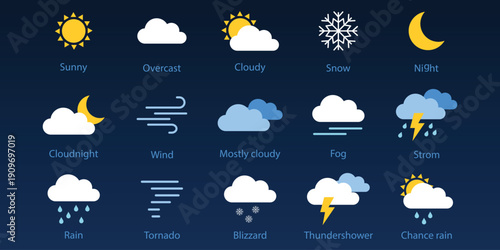 Weather Solid Icons for Forecast and Meteorology featuring Sun Rain Cloud Snow Storm Temperature Wind Moon Climate Professional Vector Set Editable