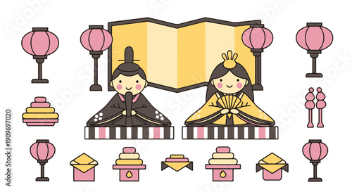Japanese Hina Dolls of Emperor and Empress with Traditional Screen Lanterns and Offerings for Girls Day Festival